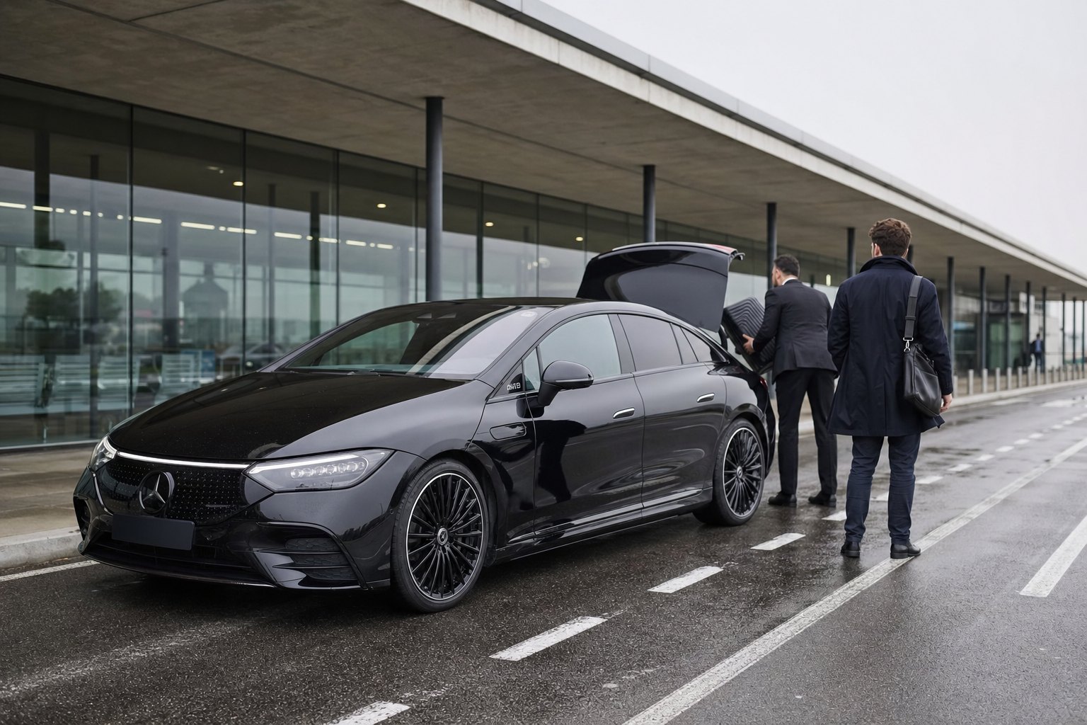 Navette aéroport Toulouse-Blagnac vers la gare Matabiau — berline Mercedes EQE noire de Toulouse VTC Pro en prise en charge devant le terminal