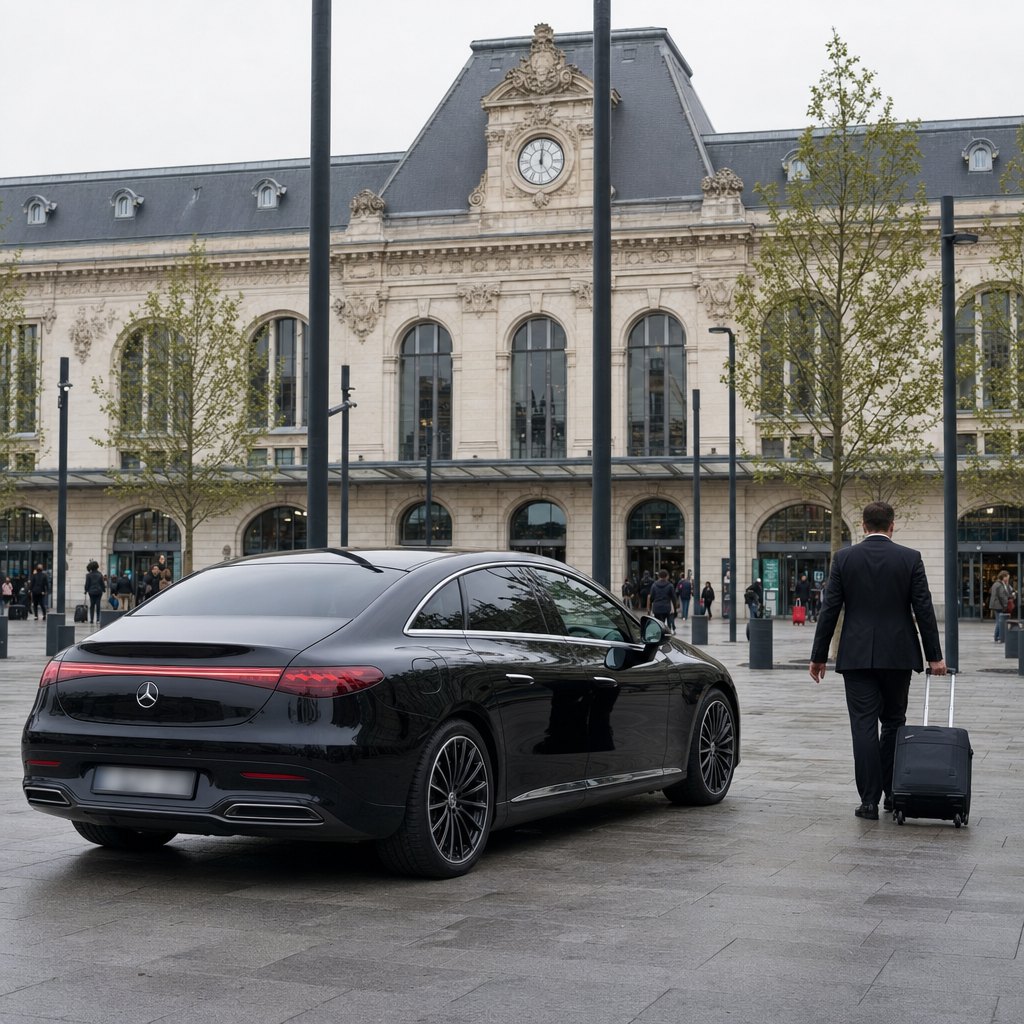 Correspondance aéroport Toulouse-Blagnac vers la gare Matabiau — chargement des bagages dans une Mercedes noire devant la gare