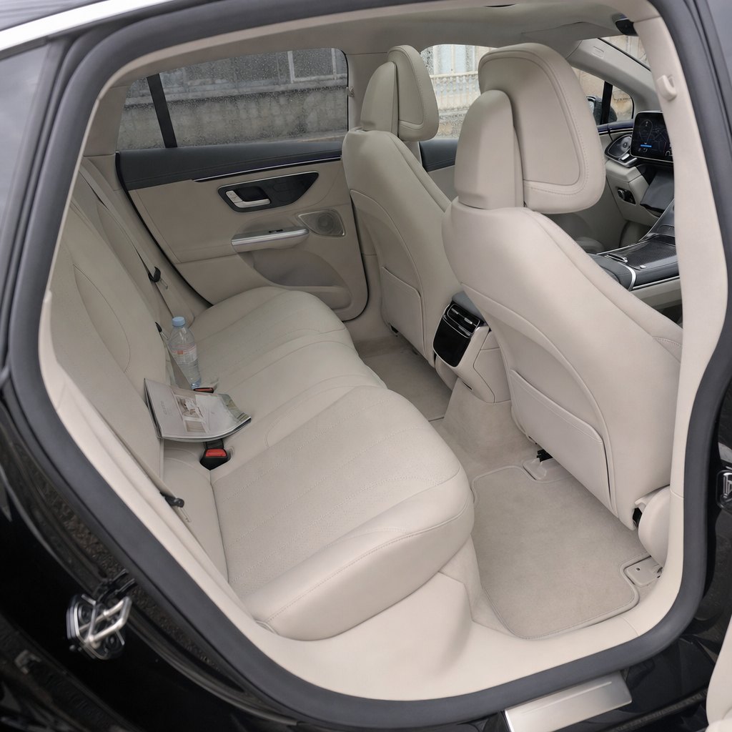 Alternative à la limousine à Toulouse — places arrière cuir de la berline Mercedes EQE noire avec eau et attentions à bord, chauffeur privé haut de gamme