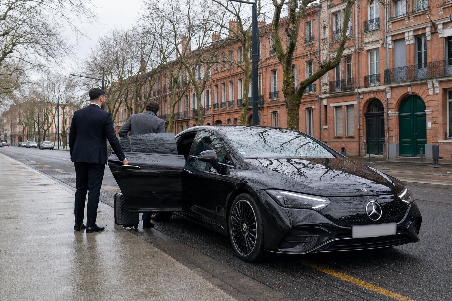 Prix d’un VTC à Toulouse — Mercedes EQE noire de Toulouse VTC Pro à la prise en charge d’un passager dans une rue en brique rose