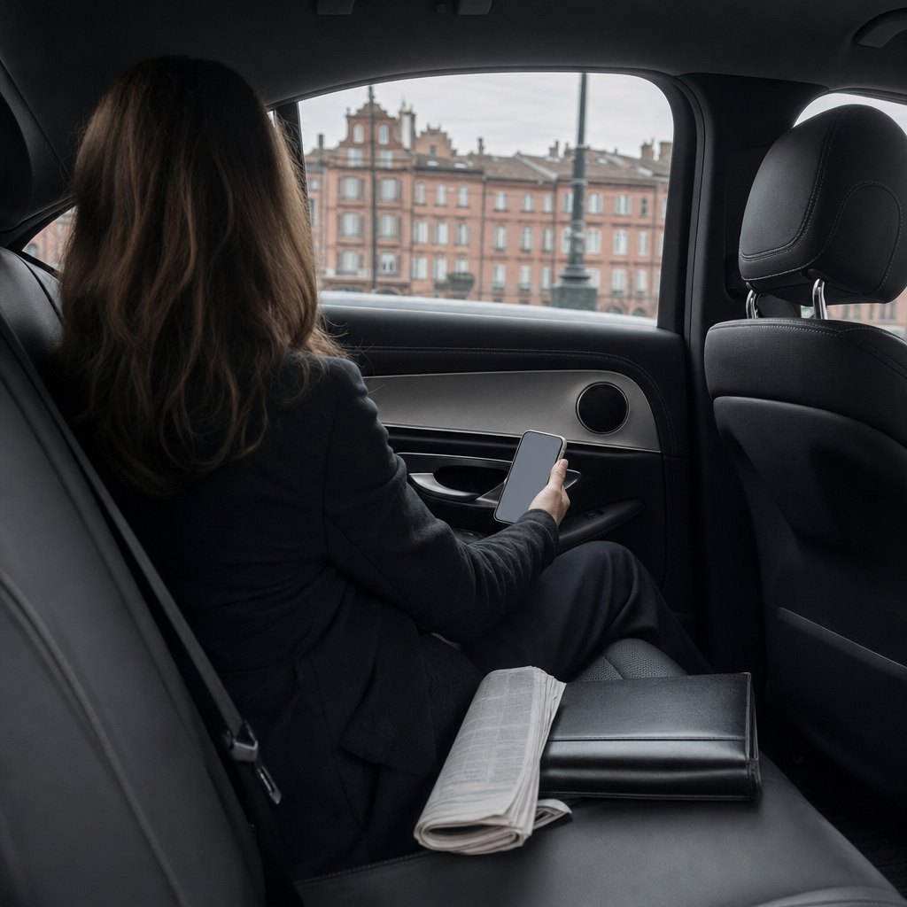 Intérieur d’une berline VTC à Toulouse — prix fixe tout compris, sans compteur ni supplément