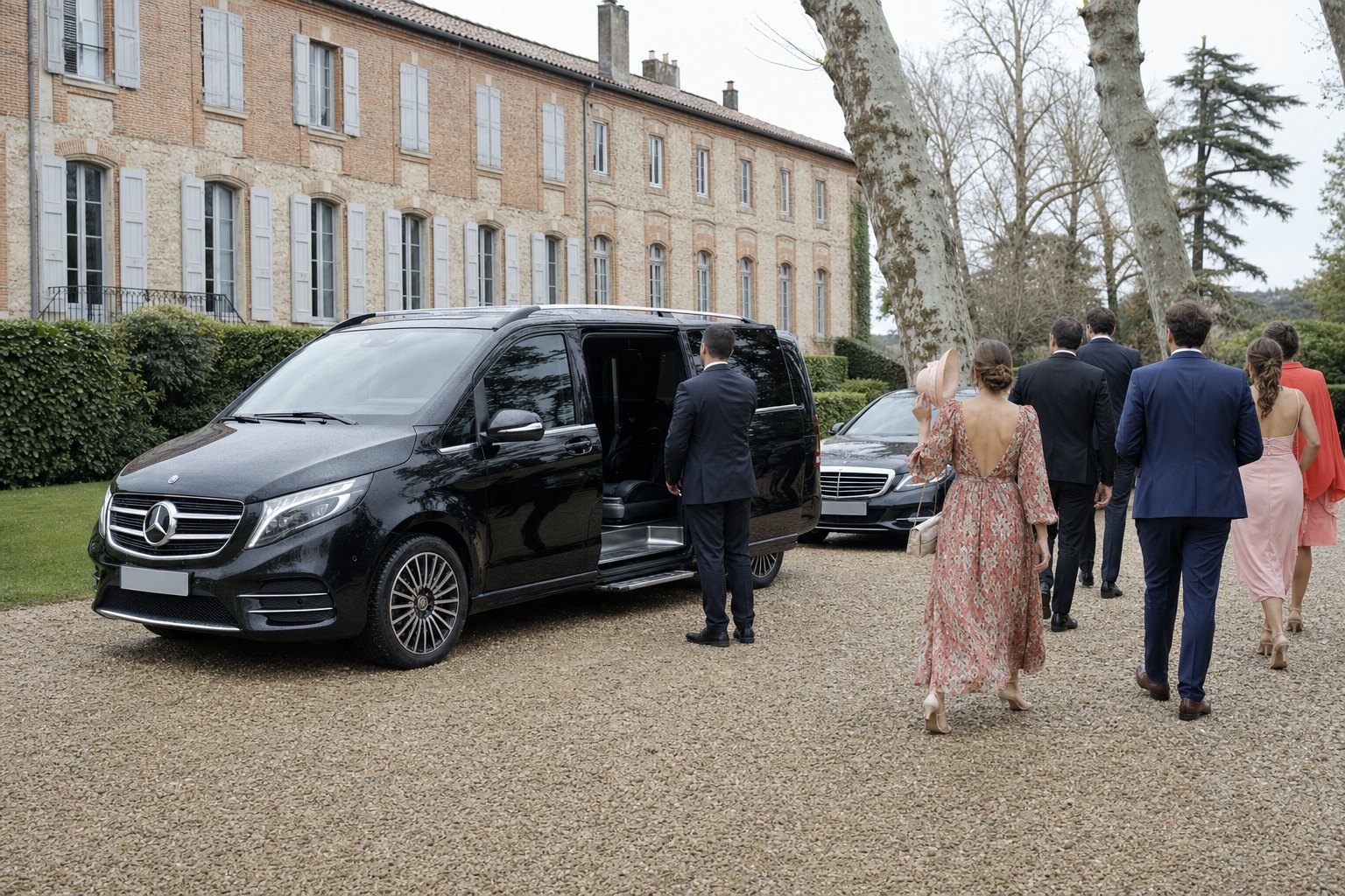 Transport des invités de mariage à Toulouse — van Mercedes Classe V noir et berline Mercedes noire de Toulouse VTC Pro devant un domaine en brique du nord toulousain, invités en tenue de cérémonie à l’embarquement