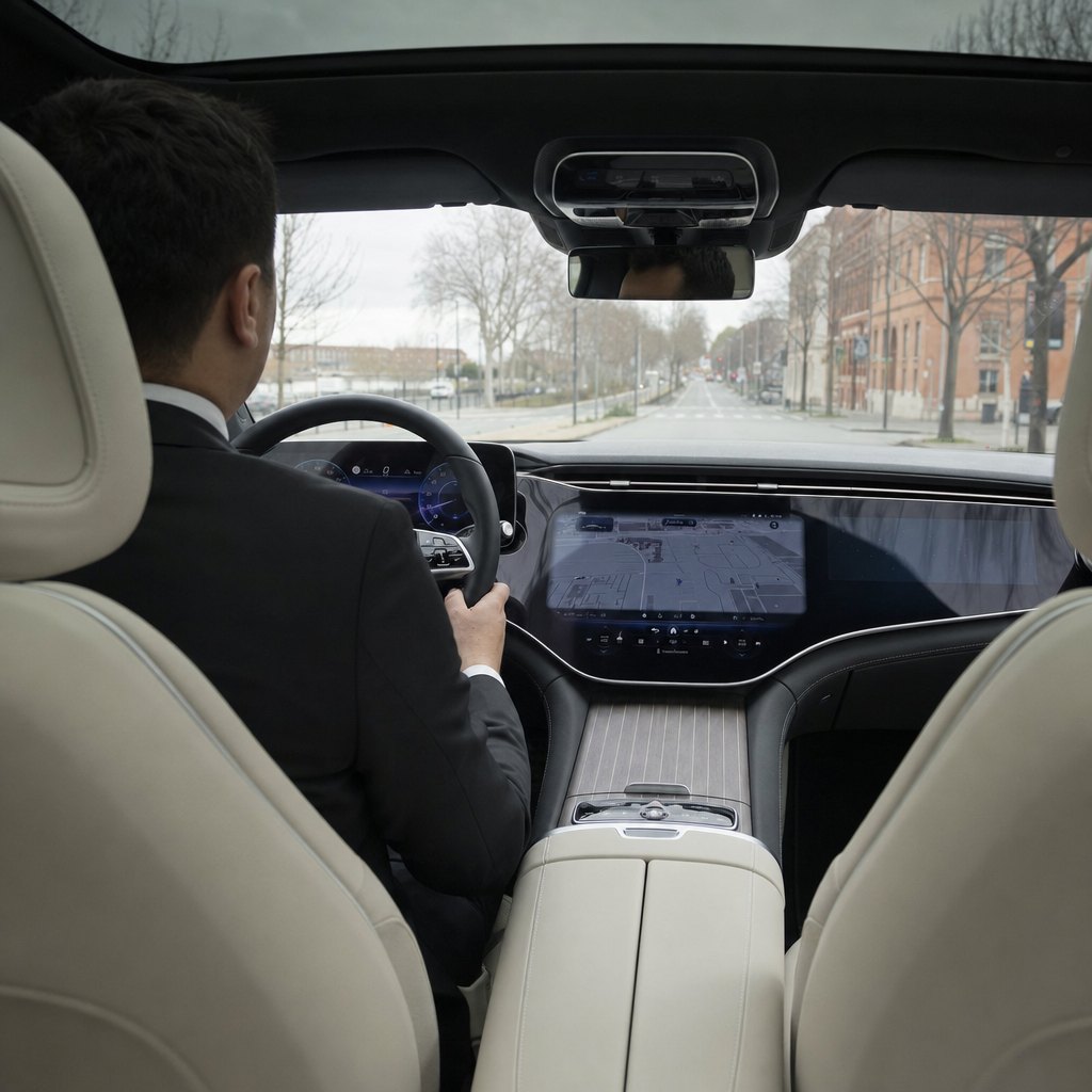 Habitacle d’une Mercedes EQE de chauffeur privé à Toulouse — chauffeur en costume de dos au volant, sellerie cuir clair et écran panoramique