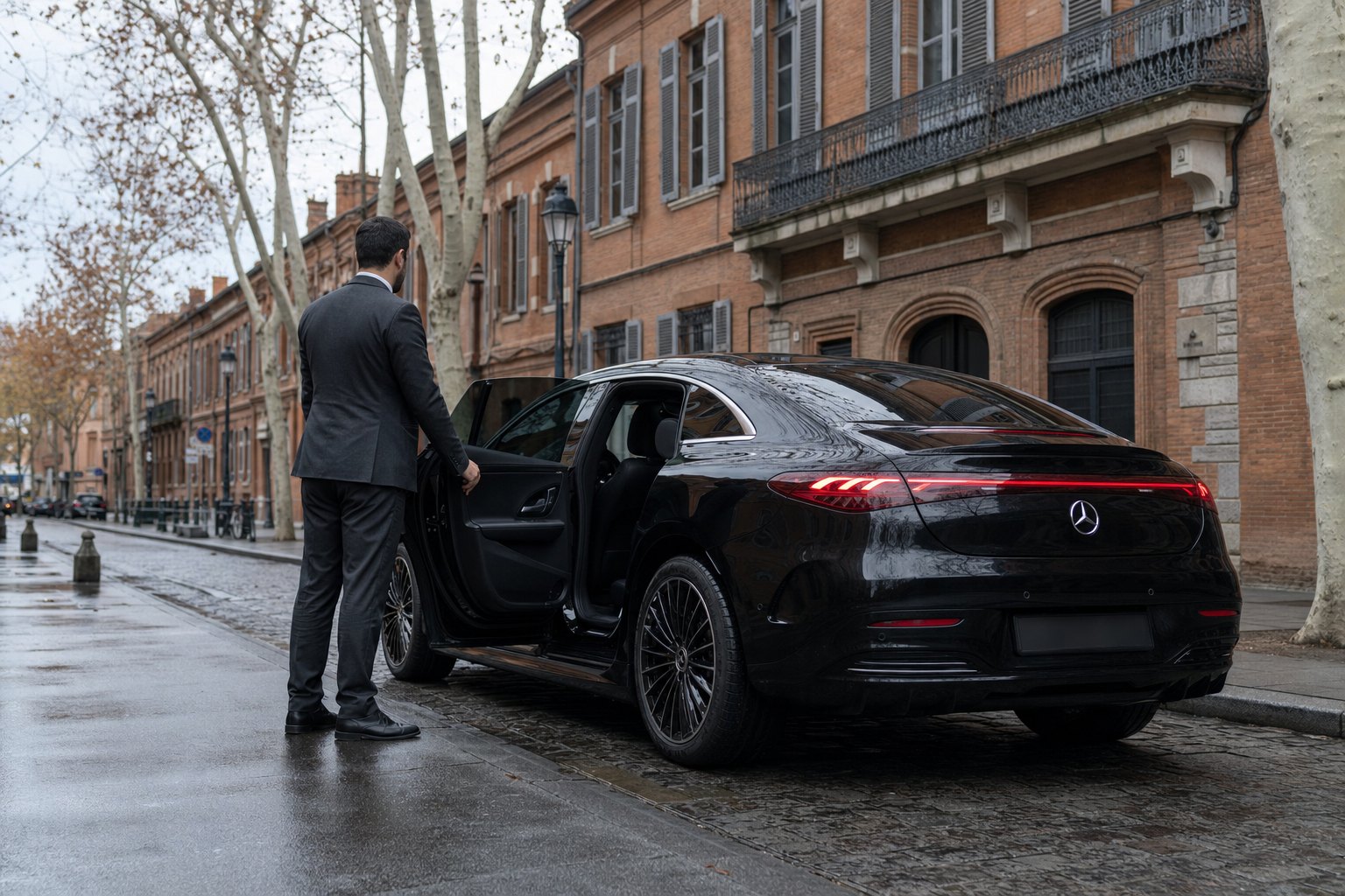 Chauffeur privé à Toulouse en costume sombre ouvrant la portière arrière d’une Mercedes EQE noire dans une rue en brique du centre-ville