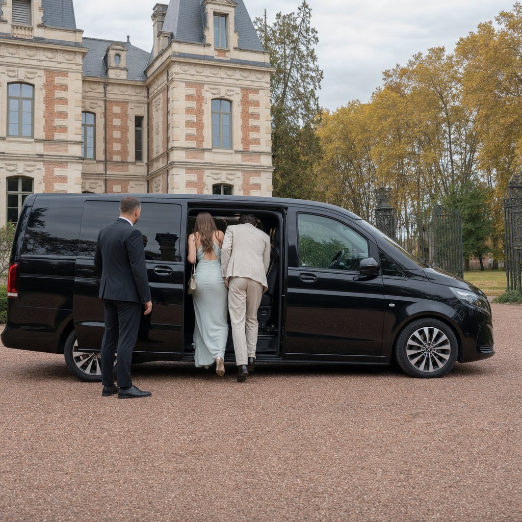 Navette d’invités de mariage à Toulouse — van Mercedes noir et chauffeur dans la cour d’un château de réception