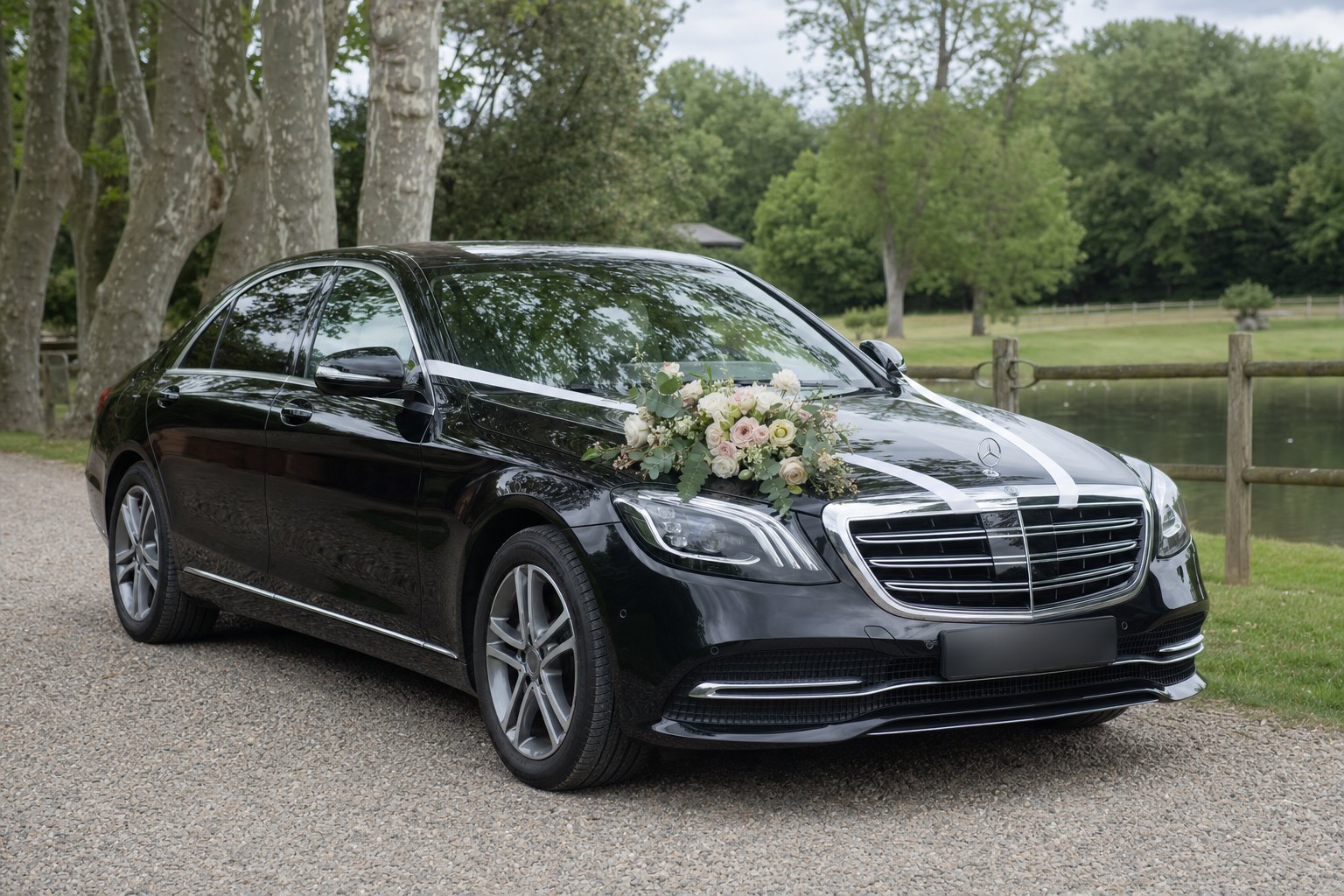 VTC mariage à Toulouse — berline Mercedes noire décorée pour les mariés, garée dans le parc d’un domaine de réception
