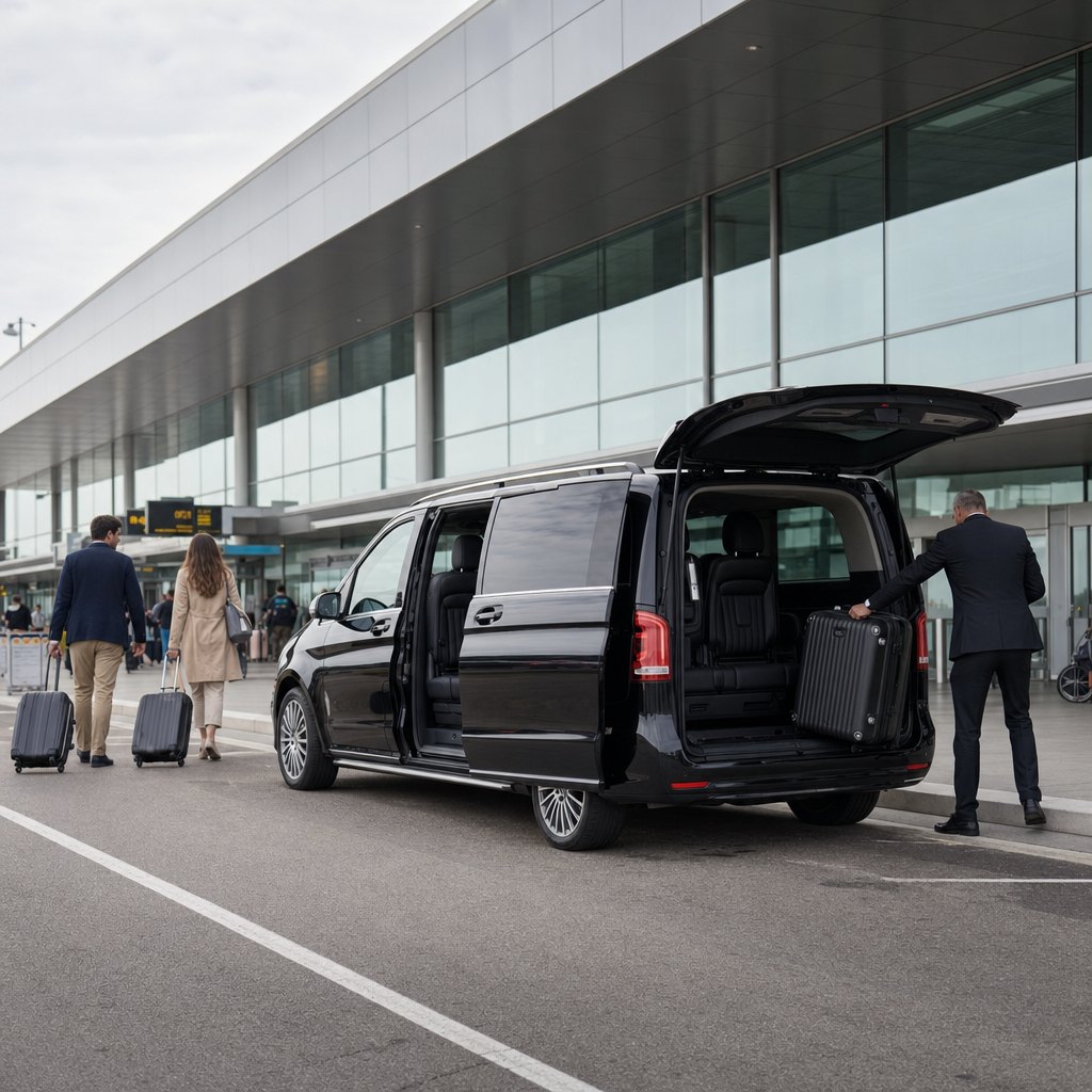 Transfert privé Toulouse-aéroport de Barcelone : van Mercedes noir et chauffeur sortant les valises au dépose-minute du terminal