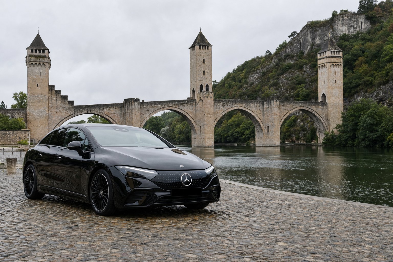 VTC Toulouse Cahors : berline Mercedes noire sur les quais du Lot devant le pont Valentré, chauffeur privé