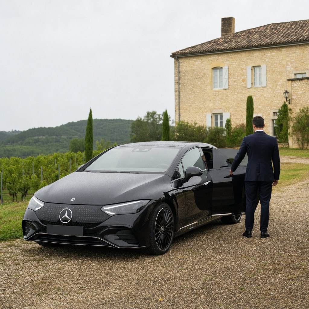 Chauffeur privé et berline Mercedes noire dans un domaine viticole du vignoble de Cahors, vallée du Lot